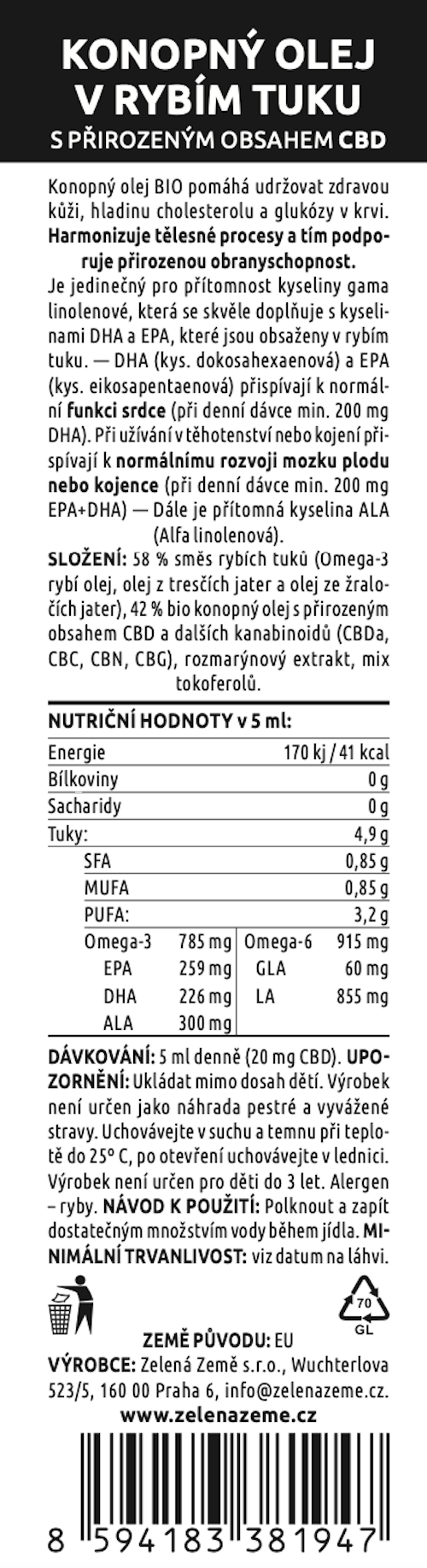 Konopný olej v rybím tuku s CBD, 250 ml